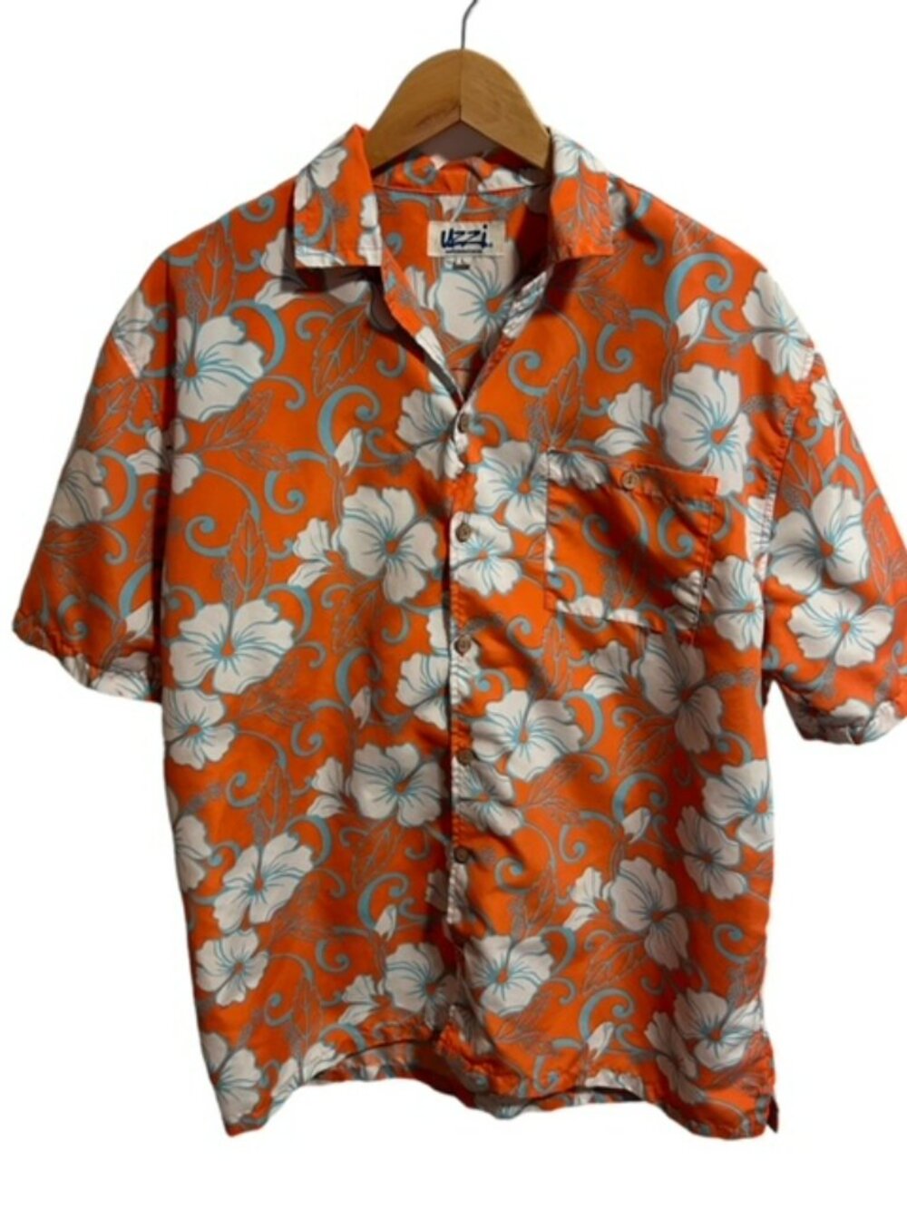 Mens Large UZZI Hawaiian Amphibious Gear Shirt Button Up Orange Blue White